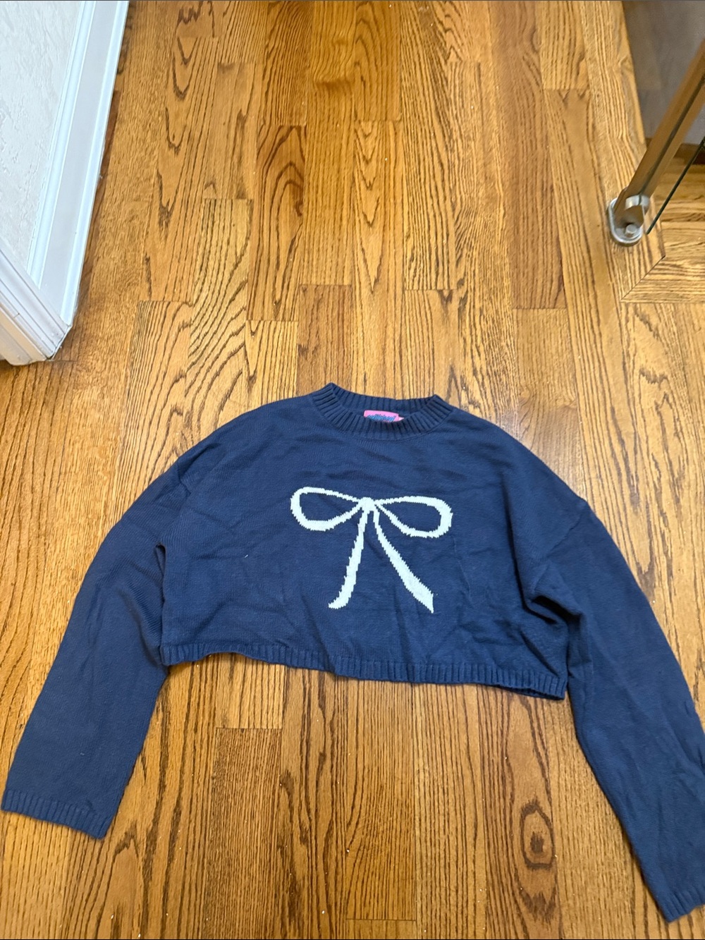 Edikted Navy Cropped Sweater with Cream Bow